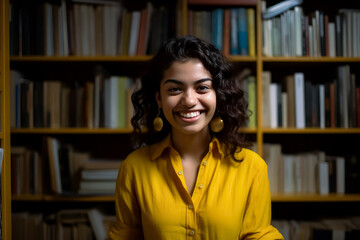 Smiling young woman in yellow shirt standing near bookshelves, contemporary feminism. Generative Ai Illustration.