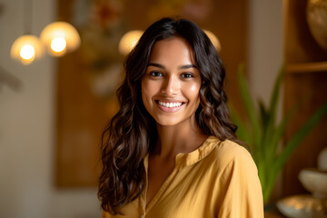 Obraz premium Smiling young woman in yellow shirt standing near bookshelves, contemporary feminism. Generative Ai Illustration.