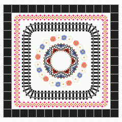 Black and white background, geometric doodle sketch pattern with ornate lace multicolor frame. Tribal ethnic ornament. Bandanna shawl, tablecloth fabric print, silk neck scarf, abstract floral frame