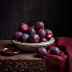 Deliciously ripe plums in bowl on table background