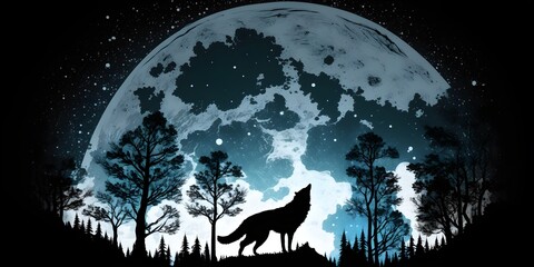 Fototapeta na wymiar Graphic illustration of Singing Howling Wolf Dark Background. Full Moon and the Wilderness. - generated ai