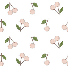 Seamless pattern with pink cherry on white background continuous one line art.