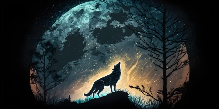 Graphic illustration of Singing Howling Wolf Dark Background. Full Moon and the Wilderness. - generated ai