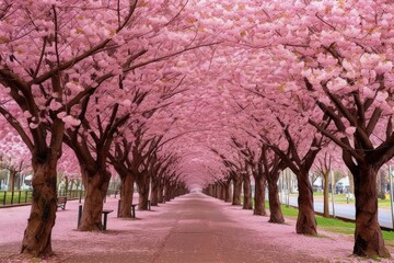 Blossoming cherry trees in delicate pink hues - Generative AI