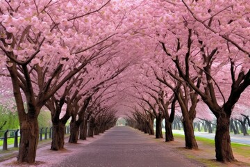 Fototapeta premium Blossoming cherry trees in delicate pink hues - Generative AI