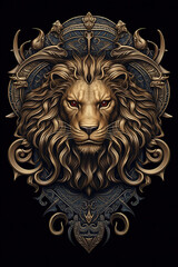 Gold lion crest or emblem, on a navy blue shield.  Ornate 