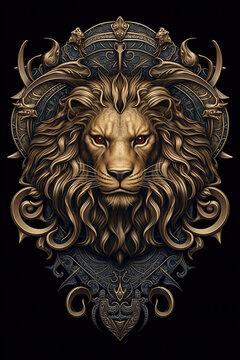 Gold lion crest or emblem, on a navy blue shield.  Ornate 