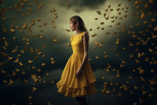 a lot of little birds near the head of a girl in a yellow dress. art, minimalism, dark sky. surreal art. AI generative