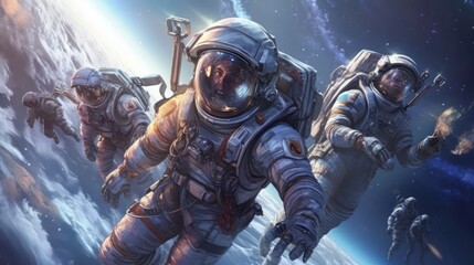 Obraz na płótnie Canvas Team of astronauts embarking on a thrilling mission to explore uncharted planets, complete with futuristic spacesuits and high - tech spacecraft