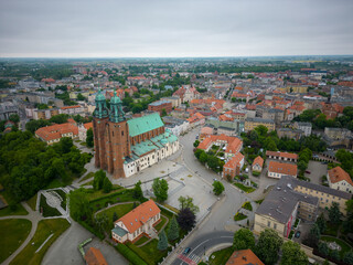 Gniezno, a city in Lesser Poland Voivodeship. Market square in the city center and architecture in the city of the former capital of Poland - Gniezno.