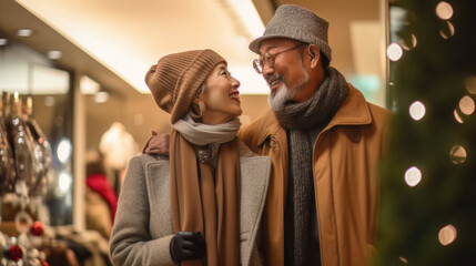 Obraz premium AI generated portrait of Asian couple shopping in mall decorated for Christmas