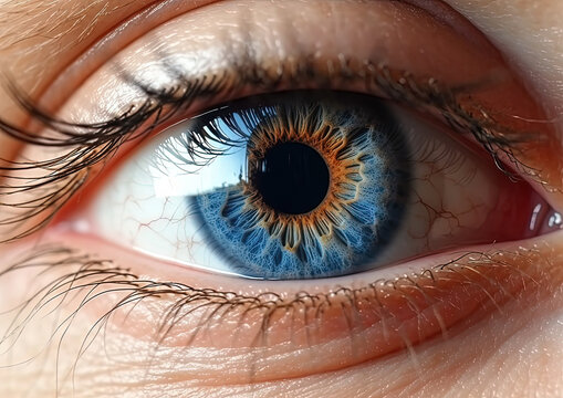 A woman's electric blue eye - Macro photography, extreme close up, studio lighting, high contrast