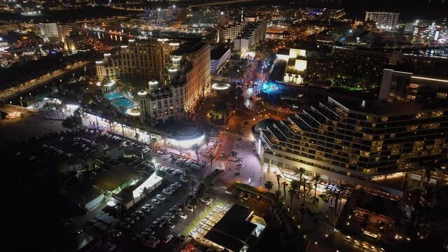 Eilat, aerial drone view at night, Israel