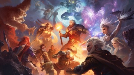 Fototapeta premium Epic fantasy battle between different races and factions, featuring warriors, mages, and mythical creatures locked in a clash of swords and magic
