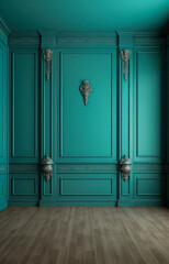 Room with white walls and blue trim, in the style of dark green and light cyan, decorative backgrounds, classical architectural details. Generative Ai Illustration.