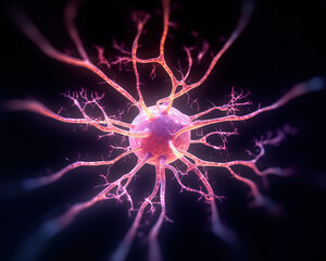 close up of a single neuron, red pink, isolated - black background, macro, narrow field of focus  