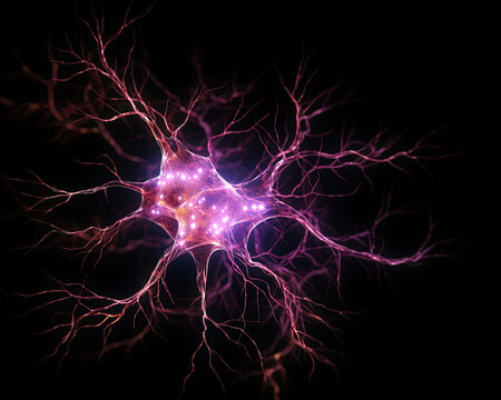 close up of a single neuron, red pink, isolated - black background, macro