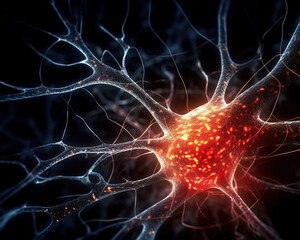 close up a translucent neuron, red - black background, macro, narrow field of focus  