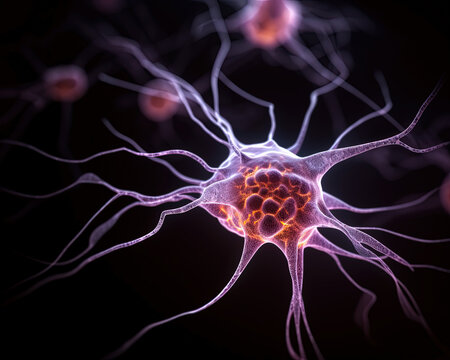 close up of neurons floating in space - black background, macro, narrow field of focus  