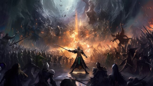 Epic fantasy battle between different races and factions, featuring warriors, mages, and mythical creatures locked in a clash of swords and magic