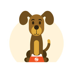 Cute dog sitting with a bowl of food vector Illustration.