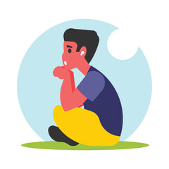 Sad man sitting on the grass. Vector illustration in a flat style.