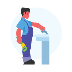 Plumber fixing water faucet. Vector illustration in flat style