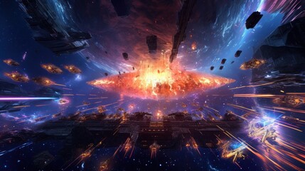 Epic space battle between starships, with laser beams, explosions, and futuristic weaponry lighting up the cosmic void