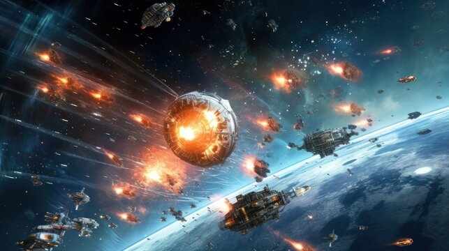 Epic space battle between starships, with laser beams, explosions, and futuristic weaponry lighting up the cosmic void