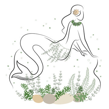 Mermaid silhouette. A beautiful girl sits on a stone in the water. Next to the leaves of the plant. Fantastic image of a fairy tale. vector illustration.