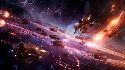 Obraz na płótnie Canvas Epic space battle between starships, with laser beams, explosions, and futuristic weaponry lighting up the cosmic void