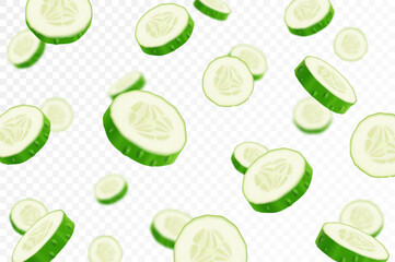 Flying cucumber pieces. Falling cucumber slice isolated on white background, selective focus. Realistic 3d vector illustration