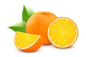 Fresh orange, icon. Realistic 3d vector illustration, isolated on white background. Whole and half slice of orange citrus fruit with green leaf. Can be used as design element for juice packaging