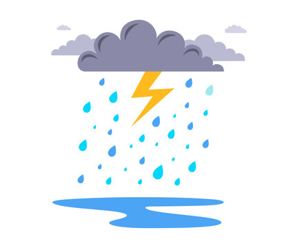 cloud with lightning and rain on a white background. flat vector illustration.