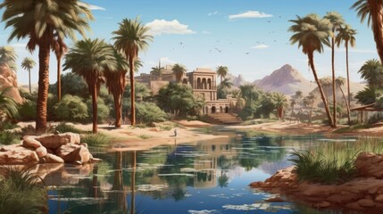 Fototapeta na wymiar Illustrate an oasis in a vast desert, with palm trees, flowing water, and a sense of tranquility amidst the arid landscape