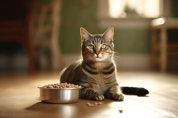 a gray tabby cat sits next to an iron bowl with dry food in room. AI generated. The concept of animal feed and pet stores. Generative AI