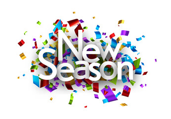 New season sign over colorful cut out foil ribbon confetti background. Design element. Vector illustration.