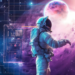 Obraz na płótnie Canvas Illustration of an astronaut in space looking at data floating around him Generative AI