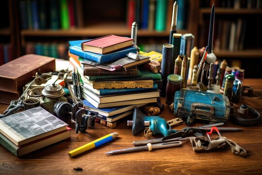 library table with books luv and stuff tools equipment photography Generative AI 