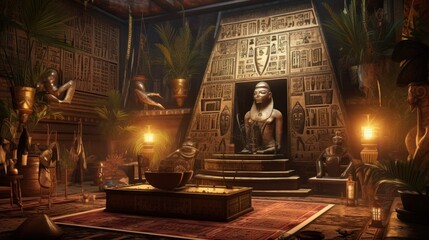 Obraz na płótnie Canvas Scene inspired by ancient Egyptian mythology, featuring gods, pharaohs, pyramids, and mystical artifacts, immersing players in the rich lore of ancient Egypt