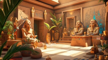 Scene inspired by ancient Egyptian mythology, featuring gods, pharaohs, pyramids, and mystical artifacts, immersing players in the rich lore of ancient Egypt