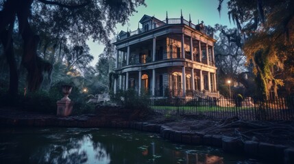 Spooky haunted mansion, complete with eerie architecture, ghostly apparitions, and hidden secrets waiting to be discovered