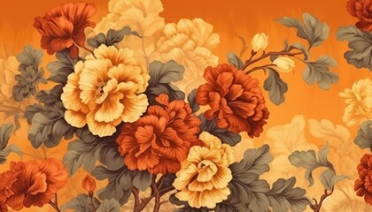 The vintage wallpaper features a beautiful botanical flower bunch motif. (Illustration, Generative AI)