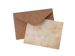 Blank grunge paper card and brown retro envelope isolated on white
