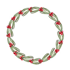 Watercolor wreath of pine needles, red cowberries isolated on transparent background. Botanical illustration for postcard design, invitation template, wedding, Christmas and New Year cards