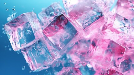 Ice cubes with water on a blue and pink background. Generative AI