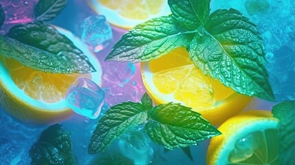 Summer fruit composition with lemons, fresh green mint and ice cubes. Top view. Generative AI