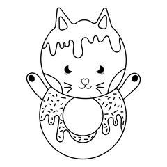 Vector sweet cat with donut kawaii character coloring page for kids