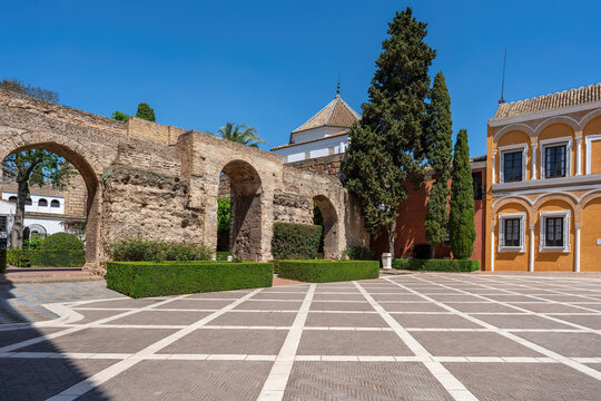 Monteria Courtyard (Patio de la Monteria) at Alcazar (Royal Palace of Seville) - Seville, Andalusia, Spain.