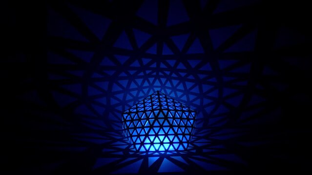Icosahedron grid animation with shadows on the wall and ground. modern rotation on black background